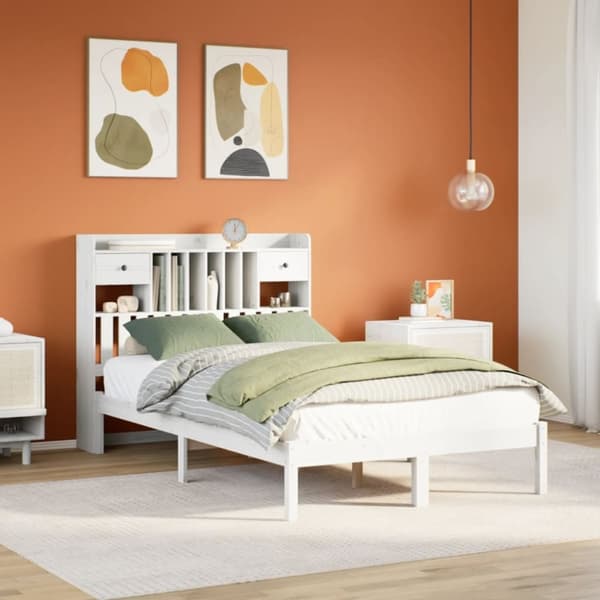vidaXL Seng med bokhylle uten madrass hvit 135x190 cm heltre furu
