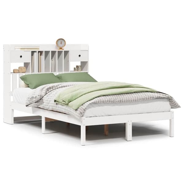 vidaXL Seng med bokhylle uten madrass hvit 135x190 cm heltre furu