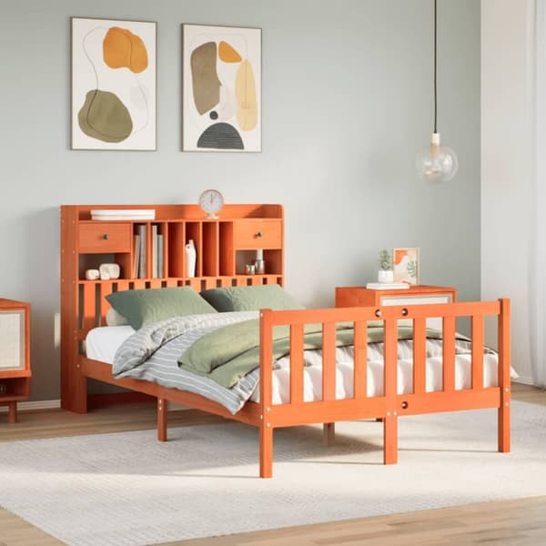 vidaXL Seng med bokhylle uten madrass voksbrun 120x190 cm heltre furu