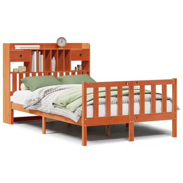 vidaXL Seng med bokhylle uten madrass voksbrun 135x190 cm heltre furu