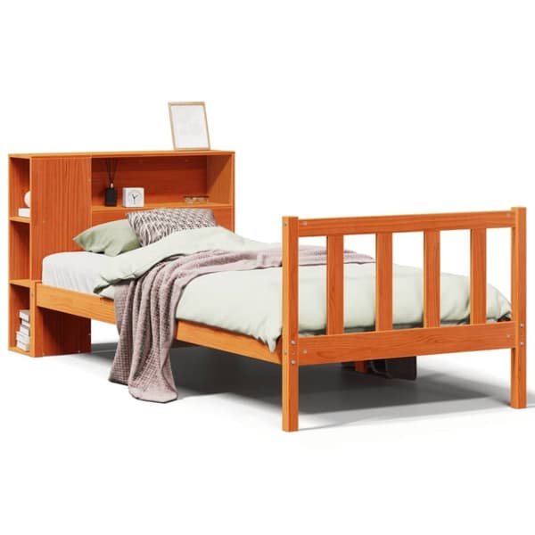vidaXL Seng med bokhylle uten madrass voksbrun 90x190 cm heltre furu