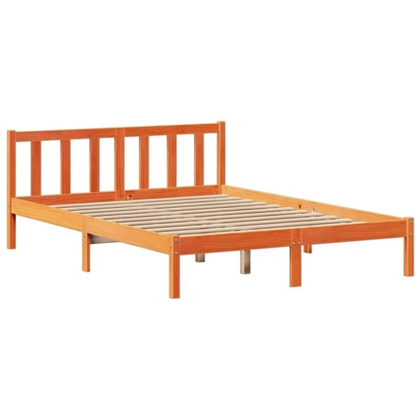 vidaXL Säng med bokhylla utan madrass vaxbrun 135x190cm massiv furu