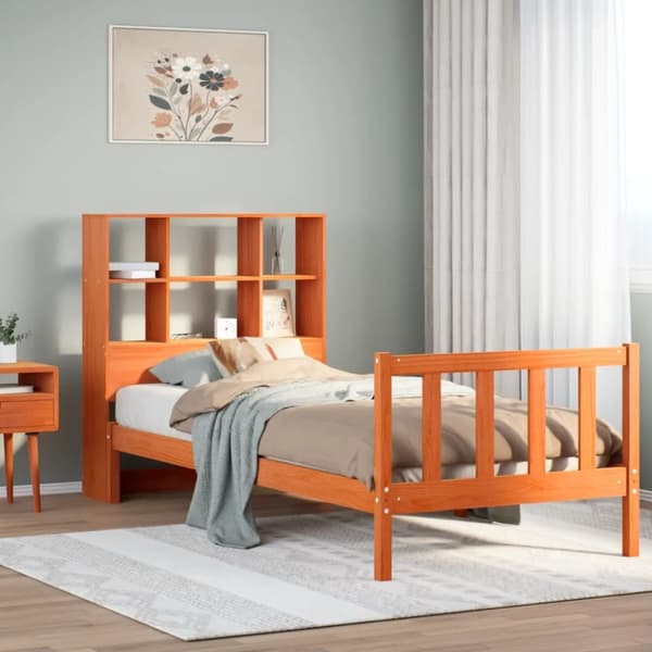 vidaXL seng med reol uden madras 75x190 cm massivt fyrretræ gyldenbrun