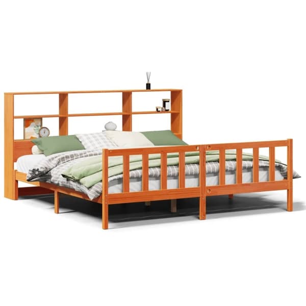 vidaXL Seng med bokhylle uten madrass voksbrun 180x200 cm heltre furu
