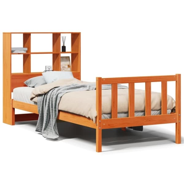 vidaXL Säng med bokhylla utan madrass vaxad brun 90x200 cm massiv furu