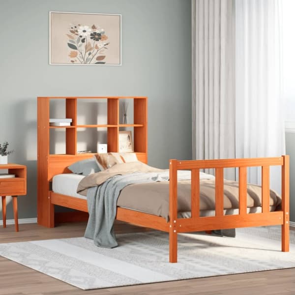 vidaXL Seng med bokhylle uten madrass voksbrun 90x190 cm heltre furu