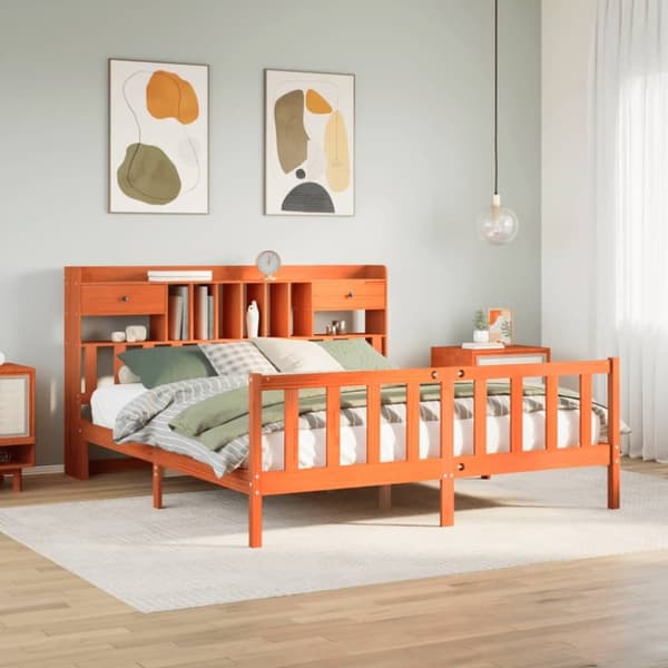 vidaXL Seng med bokhylle uten madrass voksbrun 180x200 cm heltre furu