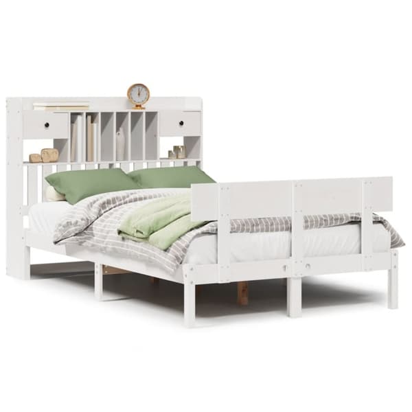vidaXL Seng med bokhylle uten madrass hvit 135x190 cm heltre furu