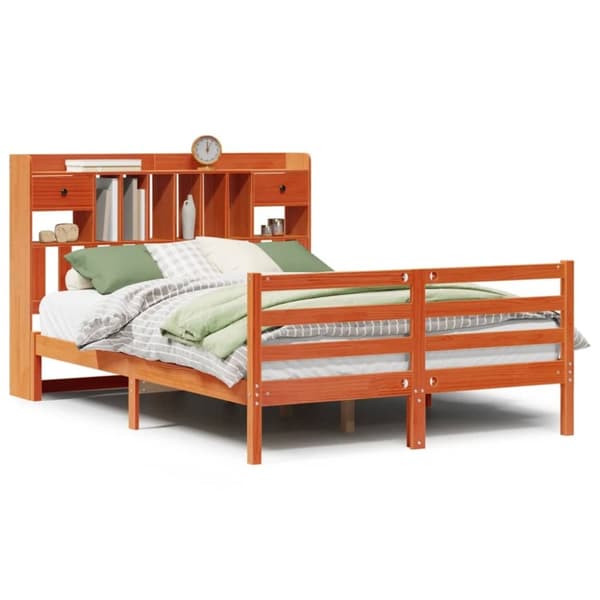 vidaXL Seng med bokhylle uten madrass voksbrun 140x190 cm heltre furu