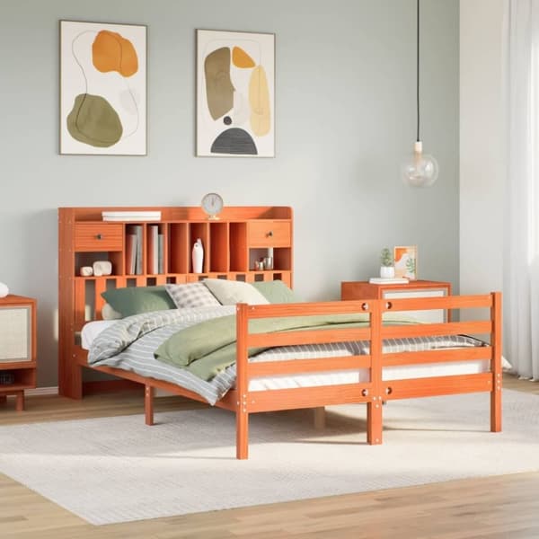 vidaXL Seng med bokhylle uten madrass voksbrun 160x200 cm heltre furu