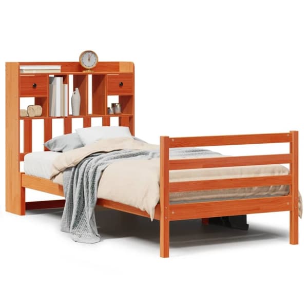 vidaXL Seng med bokhylle uten madrass voksbrun 90x190 cm heltre furu