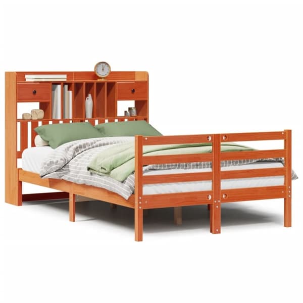 vidaXL Seng med bokhylle uten madrass voksbrun 135x190 cm heltre furu