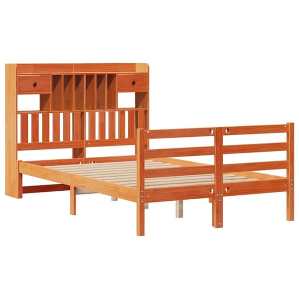 vidaXL Seng med bokhylle uten madrass voksbrun 135x190 cm heltre furu