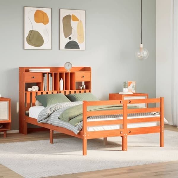 vidaXL Seng med bokhylle uten madrass voksbrun 135x190 cm heltre furu