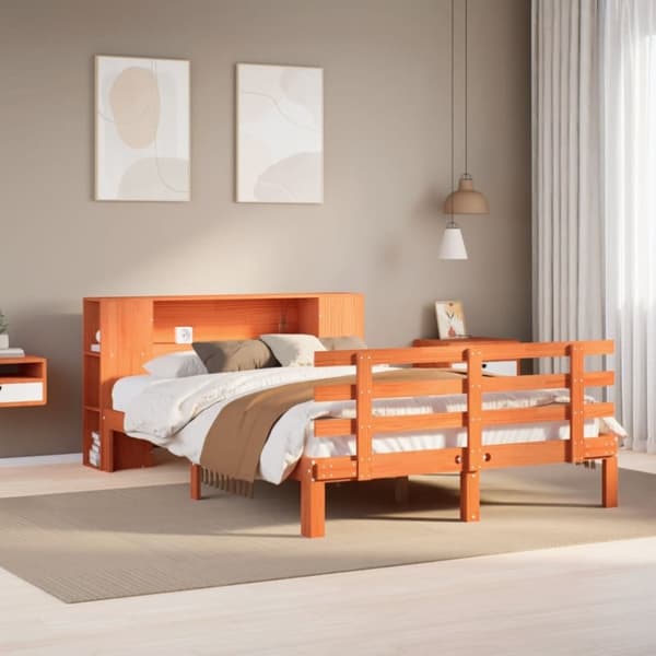 vidaXL Seng med bokhylle uten madrass voksbrun 160x200 cm heltre furu