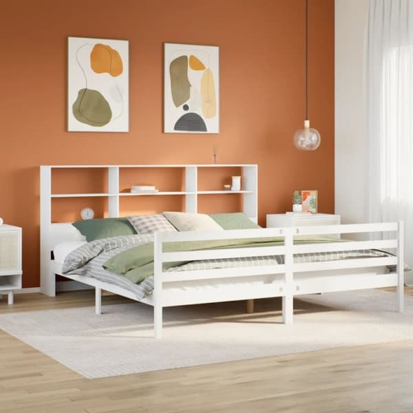vidaXL seng med reol uden madras 200x200 cm massivt fyrretræ hvid