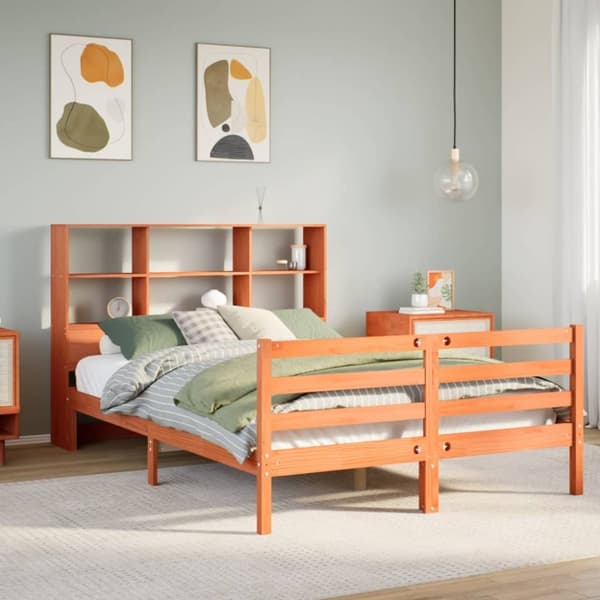 vidaXL Seng med bokhylle uten madrass voksbrun 135x190 cm heltre