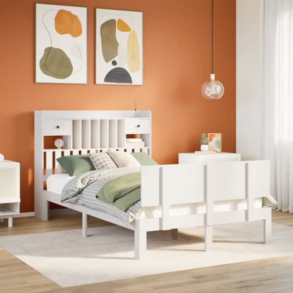 vidaXL Seng med bokhylle uten madrass hvit 135x190 cm heltre furu