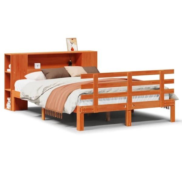 vidaXL Seng med bokhylle uten madrass voksbrun 135x190 cm heltre furu