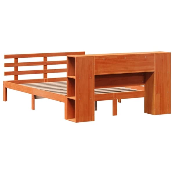 vidaXL Seng med bokhylle uten madrass voksbrun 135x190 cm heltre furu