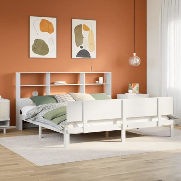 vidaXL Sänky kirjahyllyllä ei patjaa valkoinen 180x200 cm täysi mänty