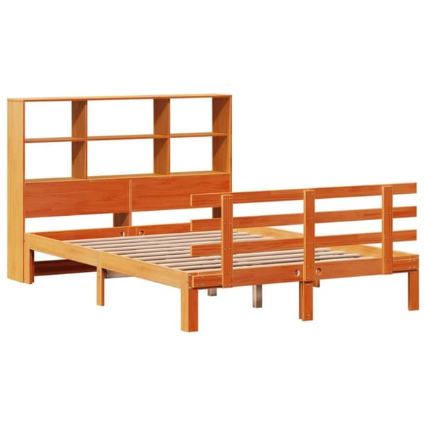 vidaXL Säng med bokhylla utan madrass vaxbrun 140x200cm massiv furu