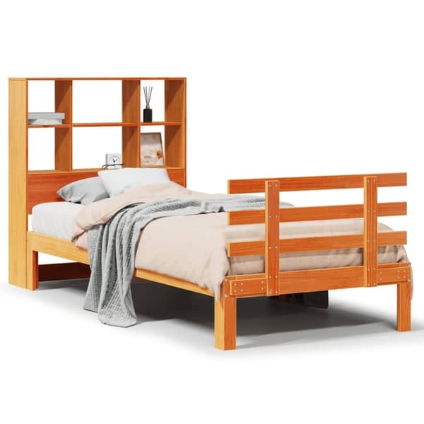 vidaXL Seng med bokhylle uten madrass voksbrun 75x190 cm heltre furu