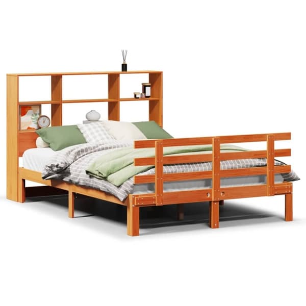 vidaXL Seng med bokhylle uten madrass voksbrun 140x190 cm heltre furu