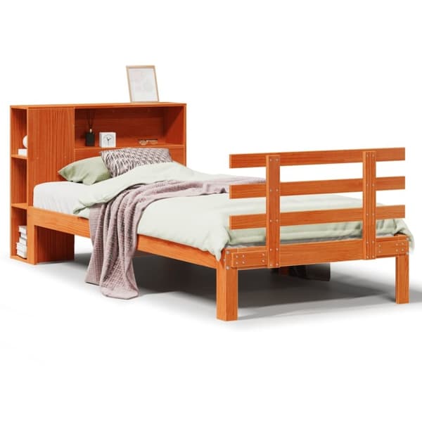vidaXL Seng med bokhylle uten madrass voksbrun 90x190 cm heltre furu