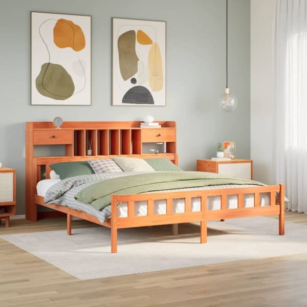 vidaXL Seng med bokhylle uten madrass voksbrun 180x200 cm heltre furu