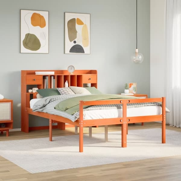 vidaXL Seng med bokhylle uten madrass voksbrun 150x200 cm heltre furu