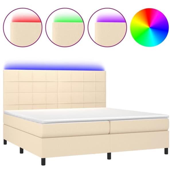 Ramsäng med madrass & LED gräddvit 200x200 cm tyg