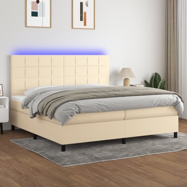 Ramsäng med madrass & LED gräddvit 200x200 cm tyg