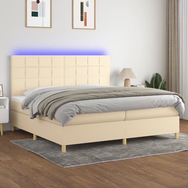 Ramsäng med madrass & LED gräddvit 200x200 cm tyg