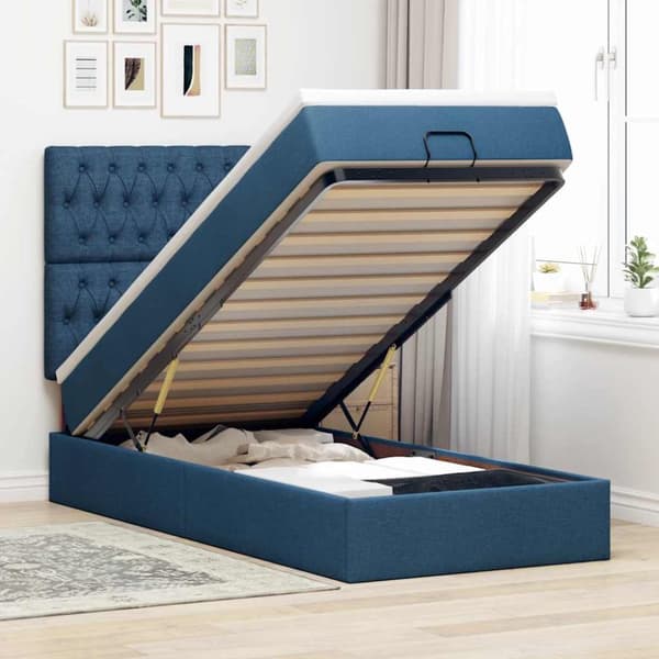 Ottoman säng med madrass och LED-lampor blå 90x200 cm tyg