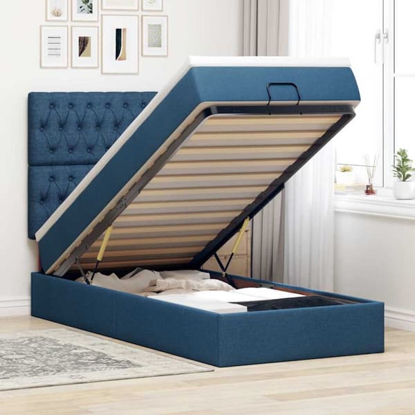 Ottoman säng med madrass och LED-lampor blå 100x200 cm tyg