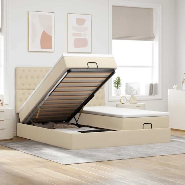 Ottoman sängram med madrasser gräddvit 200x200 cm tyg