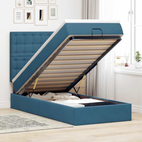 Ottoman sängram med madrasser mörkblå 90x190 cm sammet