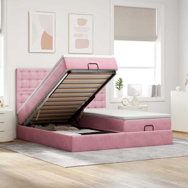 Ottoman sängram med madrasser rosa 180x200 cm sammet