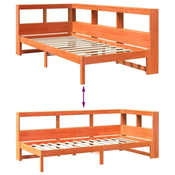 vidaXL Seng med bokhylle uten madrass voksbrun 75x190 cm heltre furu