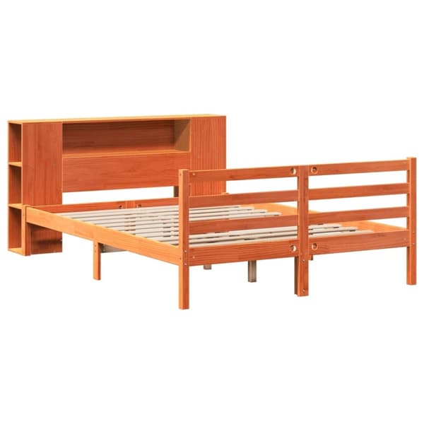 vidaXL Seng med bokhylle uten madrass voksbrun 135x190 cm heltre furu