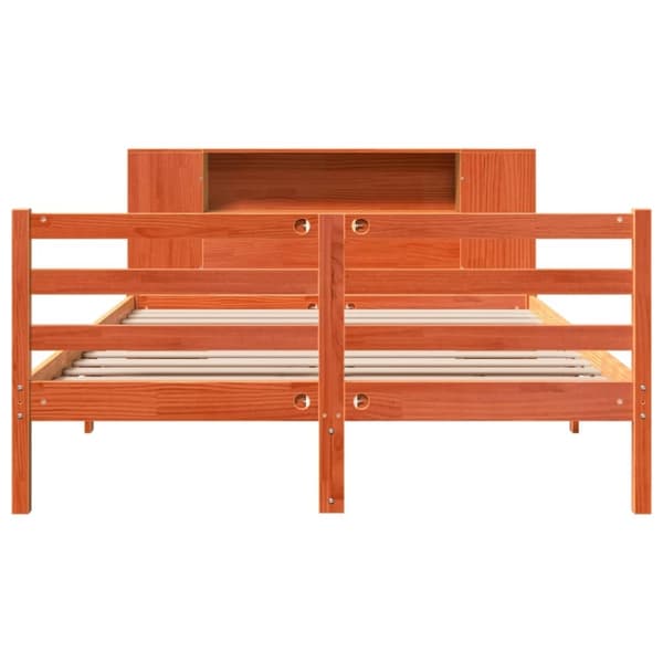 vidaXL Seng med bokhylle uten madrass voksbrun 135x190 cm heltre furu