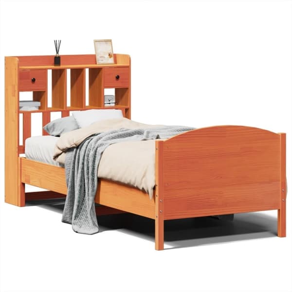 vidaXL Seng med bokhylle uten madrass voksbrun 75x190 cm heltre furu