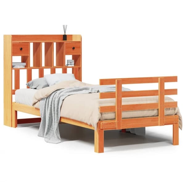 vidaXL Seng med bokhylle uten madrass voksbrun 90x200 cm heltre furu