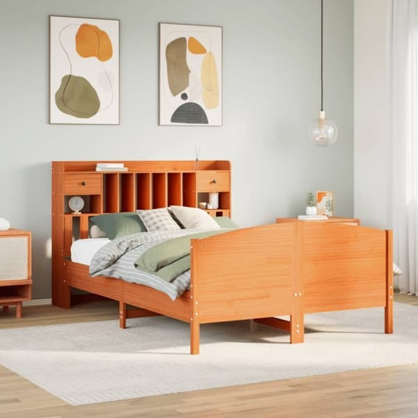 vidaXL Seng med bokhylle uten madrass voksbrun 140x190 cm heltre furu