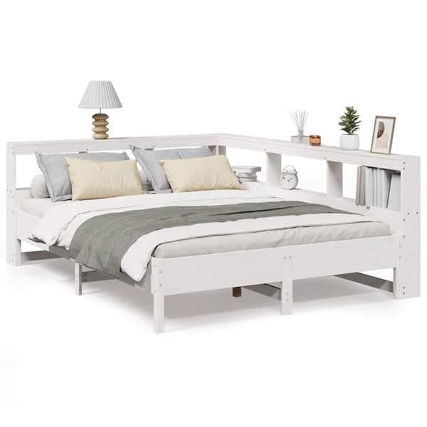 vidaXL Säng med bokhylla utan madrass vit 160x200cm massiv furu