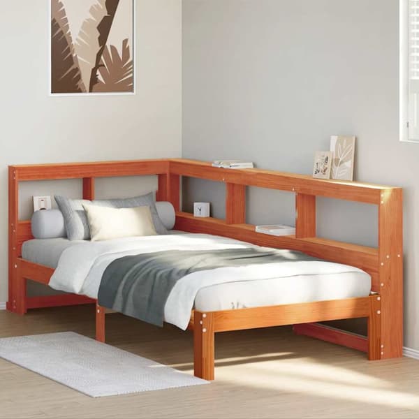 vidaXL Seng med bokhylle uten madrass voksbrun 75x190 cm heltre furu