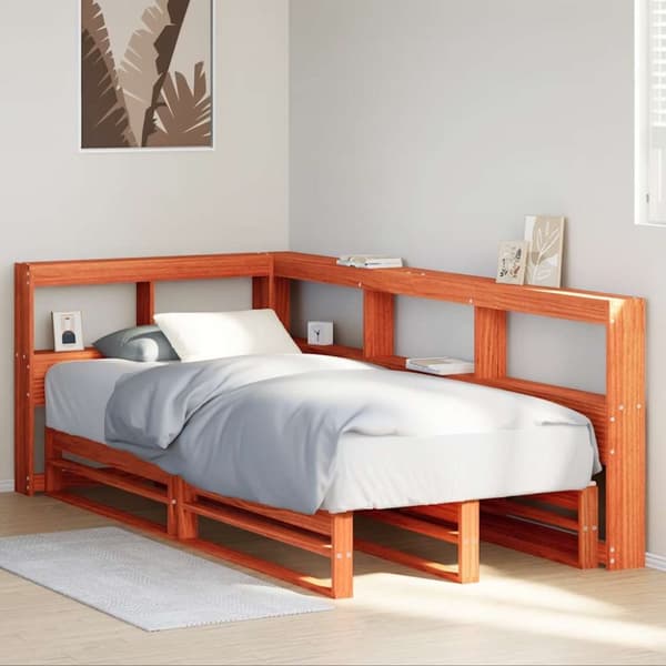 vidaXL Seng med bokhylle uten madrass voksbrun 75x190 cm heltre furu