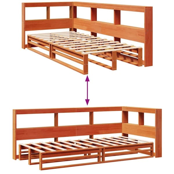 vidaXL Seng med bokhylle uten madrass voksbrun 75x190 cm heltre furu
