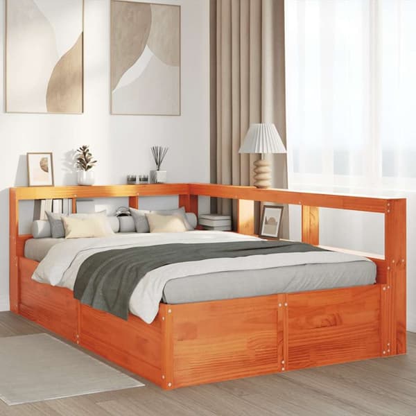 vidaXL Seng med bokhylle uten madrass voksbrun 140x190 cm heltre furu